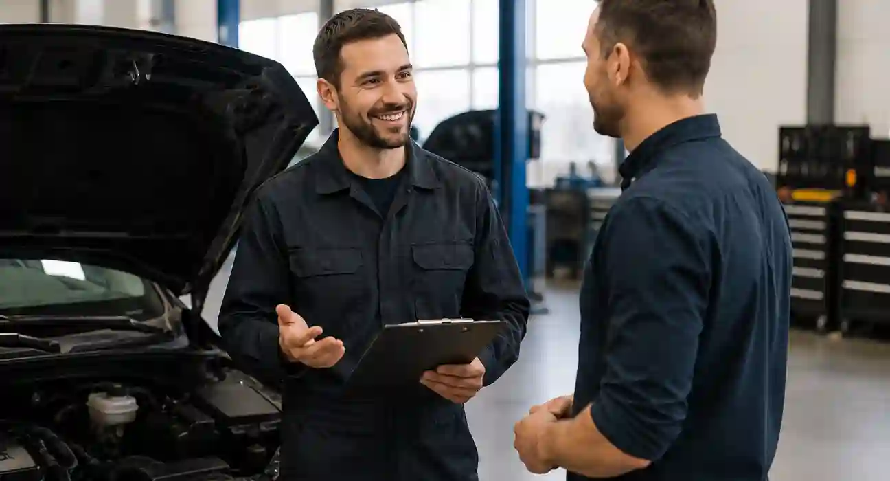 Car AC Noise Diagnosis technician diagnosing car AC noise in engine bay
