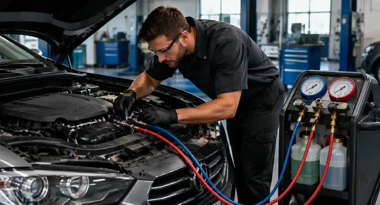 car AC diagnosis equipment in auto repair workshop